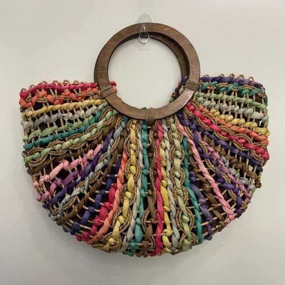 Capelli Straw World Handbags - Capelli Strawworld rainbow color woven 100% straw crescent shaped beach handbag